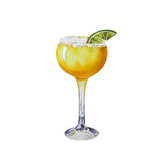 Watercolor illustration of fresh Margarita cocktail with green limes on transparent background. Generative ai illustration of alcohol cocktail.