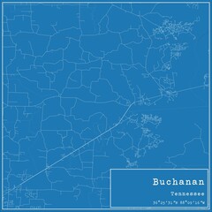 Blueprint US city map of Buchanan, Tennessee.