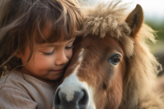 Close-up portrait illustration of a cute little girl cuddling with a shetland pony in a rural summer setting, created with generative ai