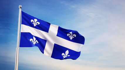 Naklejka premium Quebec flag on background of sky. Background for Quebec day