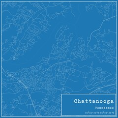 Blueprint US city map of Chattanooga, Tennessee.