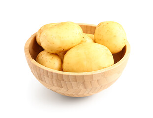 Wooden bowl with raw baby potatoes on white background