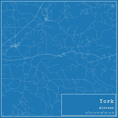 Blueprint US city map of York, Alabama.