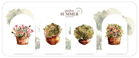 Summer garden set watercolor vector elements design