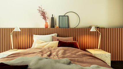 Modern bright bed room interiors 3D rendering illustration computer generated image