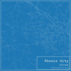 Blueprint US city map of Phenix City, Alabama.