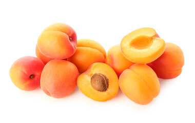 Heap of ripe apricots isolated on white background