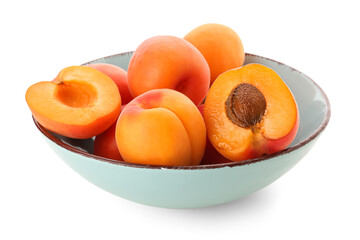 Bowl with ripe apricots isolated on white background