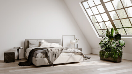 Modern bright bed room interiors 3D rendering illustration computer generated image