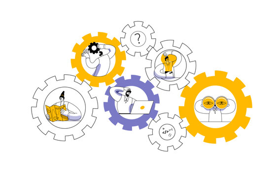 Different characters deal with their parts of the gear. Vector illustration on the theme of interaction between departments and teamwork.
