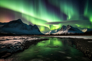 Aurora landscape with northern lights, generative ai