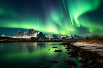Obraz na płótnie Canvas Aurora landscape with northern lights, generative ai