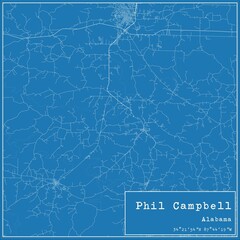 Blueprint US city map of Phil Campbell, Alabama.