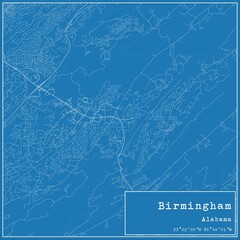 Blueprint US city map of Birmingham, Alabama.