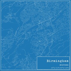 Blueprint US city map of Birmingham, Alabama.