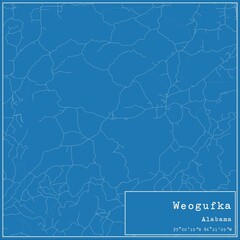 Blueprint US city map of Weogufka, Alabama.
