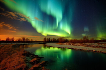 Naklejka na ściany i meble Aurora landscape with northern lights, generative ai