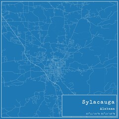 Blueprint US city map of Sylacauga, Alabama.