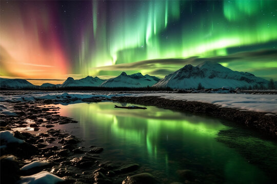 Aurora landscape with northern lights, generative ai