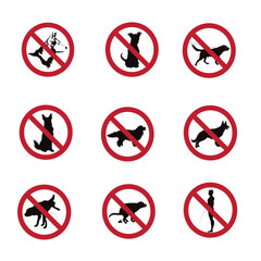Set of vector silhouettes of no dog sign on white background. Prohibition symbol.