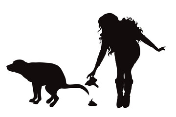 Vector silhouette of woman collecting excrement of her dog on white background.