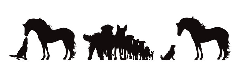 Set of vector silhouettes of different dogs and horse on white background.