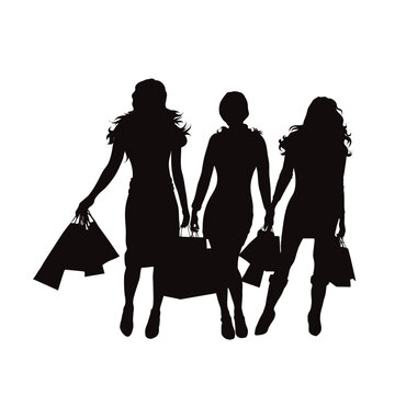 Vector silhouettes of a group of women shopping on a white background.