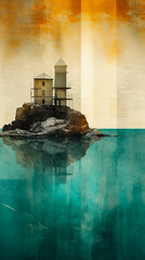 Mysterious and mystical seascape with rocky island, lighthouse, blue sea and yellow sky, grunge style poster. AI generated.