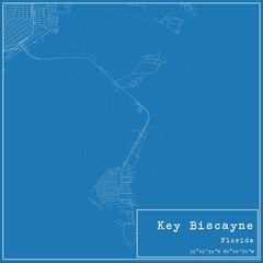 Blueprint US city map of Key Biscayne, Florida.