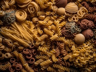 Naklejka na ściany i meble Dry Italian pasta background healthy food photo Top view created with Generative AI technology.