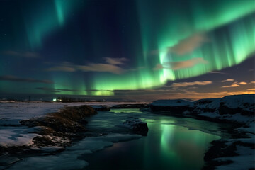 Fototapeta na wymiar Aurora landscape with northern lights, generative ai 
