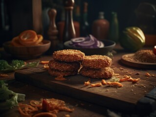 Grilled meat burger patties with vegetables created with Generative AI technology.