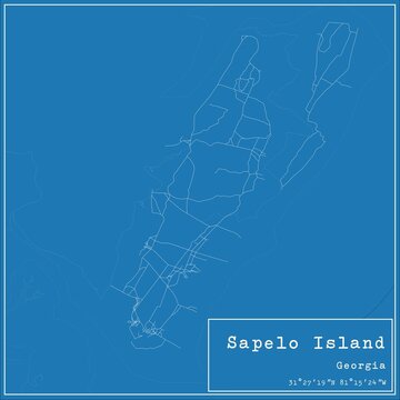 Blueprint US city map of Sapelo Island, Georgia.