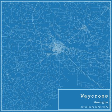 Blueprint US city map of Waycross, Georgia.