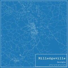 Blueprint US city map of Milledgeville, Georgia.