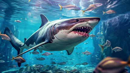 Fototapeta premium Great white shark swims underwater among small fish