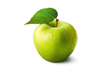 Ripe tasty green apple with leaf and water drops isolated on white