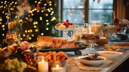 Christmas Dinner table full of dishes with food and snacks, New Year's decor with a Christmas tree on the background.
