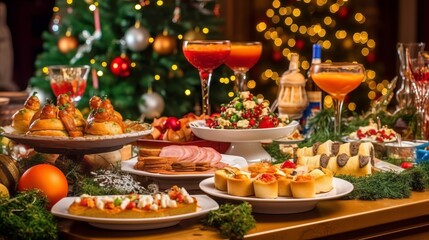 Christmas Dinner table full of dishes with food and snacks, New Year's decor with a Christmas tree on the background.
Generative AI