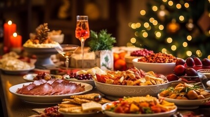 Christmas Dinner table full of dishes with food and snacks, New Year's decor with a Christmas tree on the background.
Generative AI