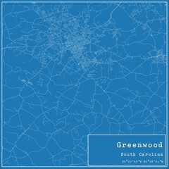Blueprint US city map of Greenwood, South Carolina.