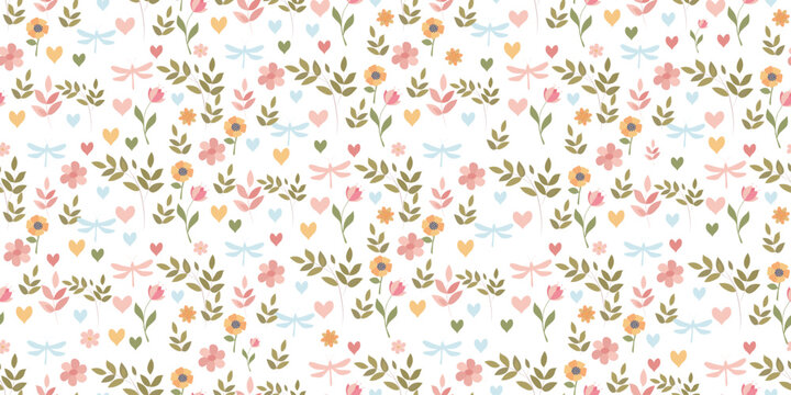 Seamless vector botanical pattern in gentle pastel colors. Leaves, branches, butterflies and dragonflies in gentle colors.