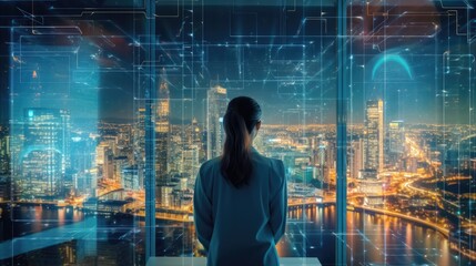 Business woman on top floor looking through panoramic windows at smart networked city with digital abstract holograms of network model. Generative AI