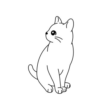 Vector isolated one single cute cartoon sitting cat kitten front view with head in half turn colorless black and white contour line easy drawing