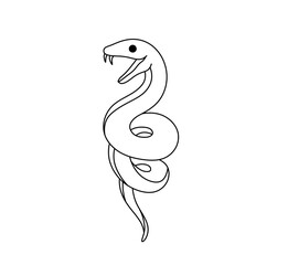 Vector isolated one single snake coiled in spiral vertical with open mouth colorless black and white contour line easy drawing