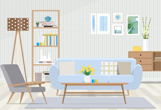 Interior design of a room with a blue sofa, Scandinavian furniture on the background of wallpaper. 