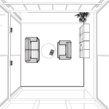 Interior design modern living room in black line on white background , vector illustration. Living room interior wireframe. Line style furniture: sofa, bookshelf, TV shelf, flowerpot. View above. 3D.