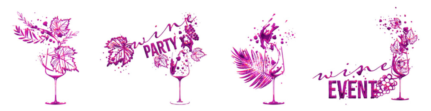 Colorful wine designs. Collection of wine elements. Hand drawn. Designs for advertising banners, menus and invitation cards. Wine glasses with splashing wine. Sketch vector illustration. © beoyou