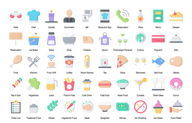 Restaurant Flat Icons Food Dessert Donut Color Icon Bundle 50 Vector Icons