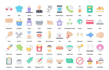 Fototapeta premium Restaurant Flat Icons Food Dessert Donut Color Icon Bundle 50 Vector Icons